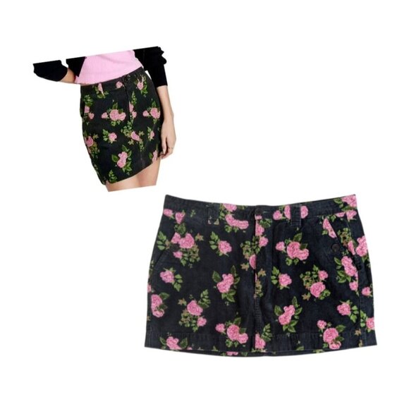 Wild Fable Corduroy Floral Mini Skirt Black Pink Rose - Picture 3 of 4